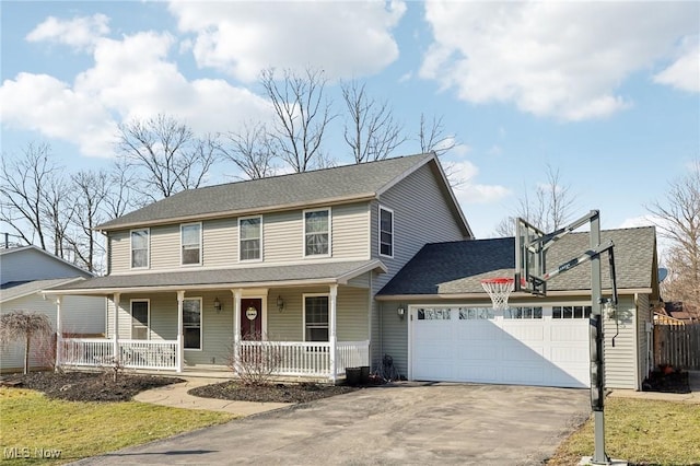 view of front of house featuring an attached garage, covered porch, driveway, and roof with shingles