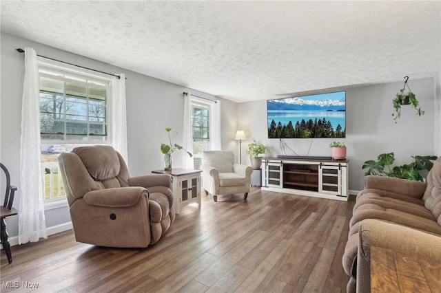 living room with baseboards, wood-type flooring, and a textured ceiling