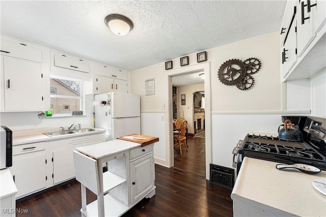 kitchen with light countertops, stainless steel gas stove, freestanding refrigerator, and a sink