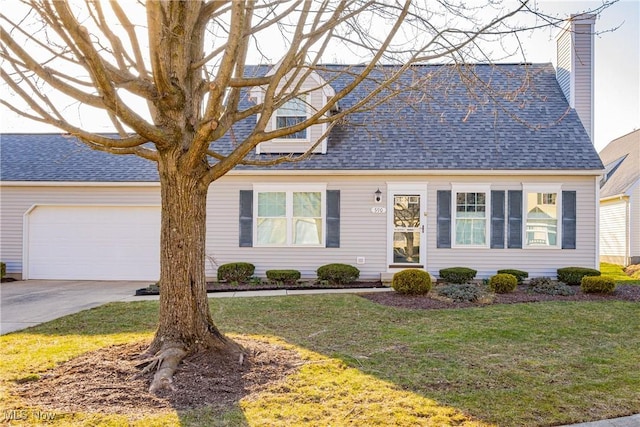 cape cod-style house with a garage, driveway, a front lawn, and roof with shingles