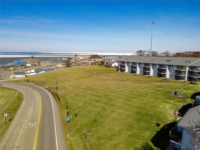 bird's eye view with a water view