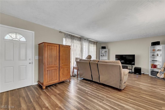 living room featuring a textured ceiling and wood finished floors