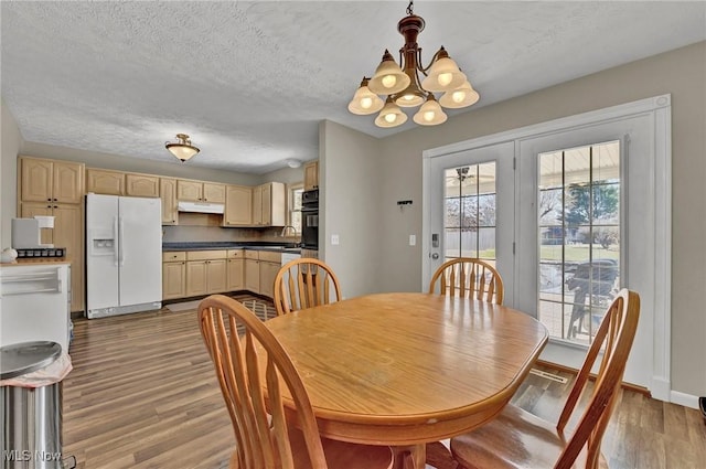 dining space with plenty of natural light, a notable chandelier, and wood finished floors