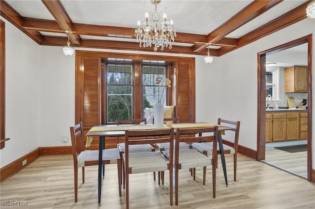 dining room featuring baseboards, coffered ceiling, beam ceiling, light wood-style flooring, and a notable chandelier