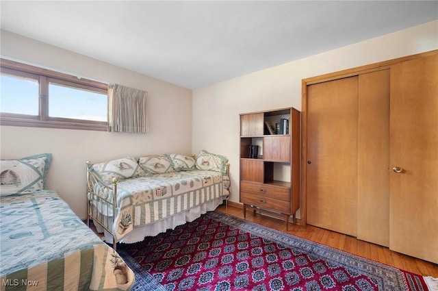 bedroom with wood finished floors and a closet