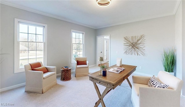 home office with a healthy amount of sunlight, light colored carpet, and baseboards