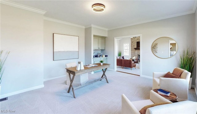 office featuring crown molding, light colored carpet, and baseboards