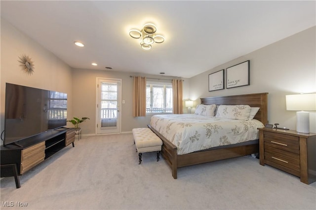 bedroom with recessed lighting, light colored carpet, baseboards, and access to outside