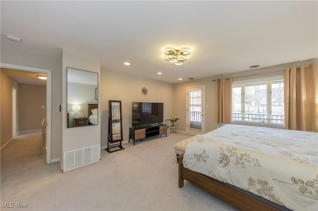 bedroom featuring recessed lighting, light colored carpet, visible vents, and baseboards