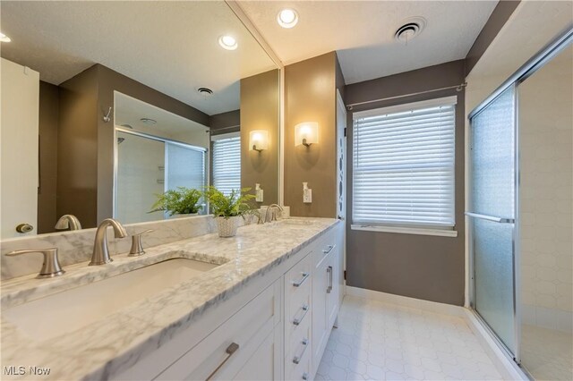 bathroom featuring double vanity, a shower stall, and a sink