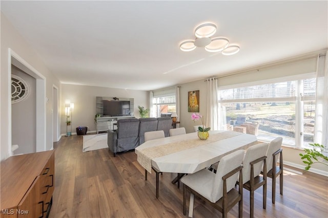 dining space with baseboards and wood finished floors