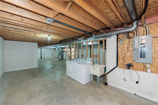 unfinished below grade area featuring a sink, electric panel, visible vents, and washer and clothes dryer