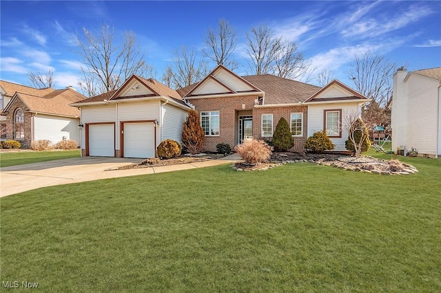 ranch-style house featuring a front lawn, a garage, brick siding, and driveway