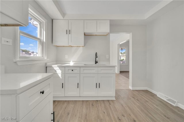 kitchen featuring visible vents, white cabinets, light countertops, and a sink