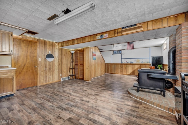 interior space with a wood stove, wood finished floors, visible vents, and wood walls