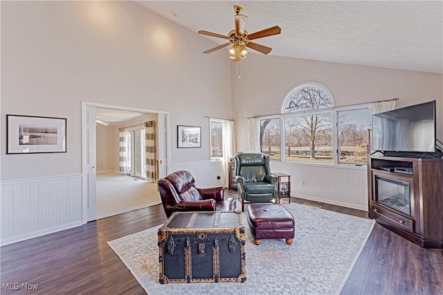 living area featuring a wainscoted wall, lofted ceiling, a textured ceiling, and a ceiling fan