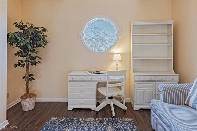 office area featuring baseboards and dark wood-style flooring