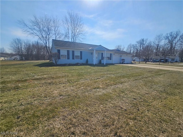 single story home with concrete driveway, a garage, and a front yard