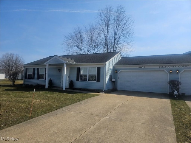 single story home featuring a garage, concrete driveway, a front yard, and a shingled roof