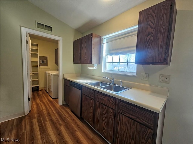 kitchen with visible vents, washer and clothes dryer, dark wood finished floors, stainless steel dishwasher, and a sink