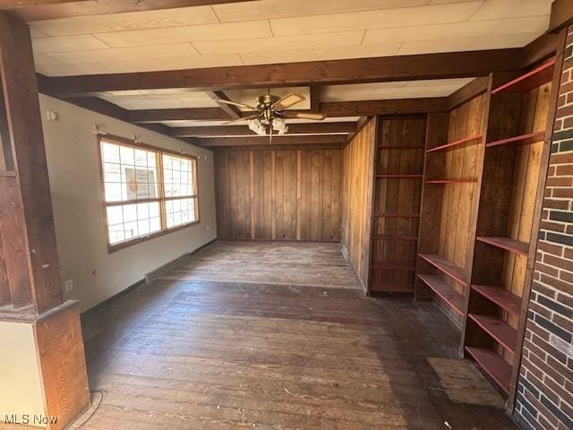 interior space with beam ceiling, wooden walls, wood finished floors, and ceiling fan