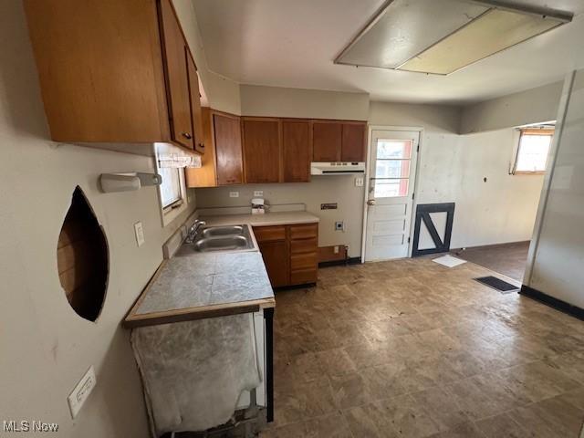 kitchen with visible vents, a sink, under cabinet range hood, brown cabinetry, and tile counters