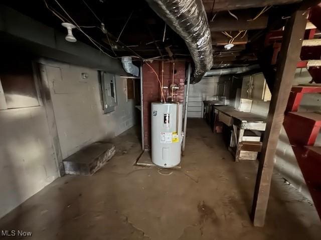 unfinished below grade area featuring electric panel and water heater