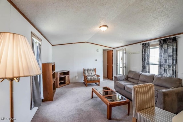 living room with ornamental molding, a textured ceiling, carpet, and vaulted ceiling