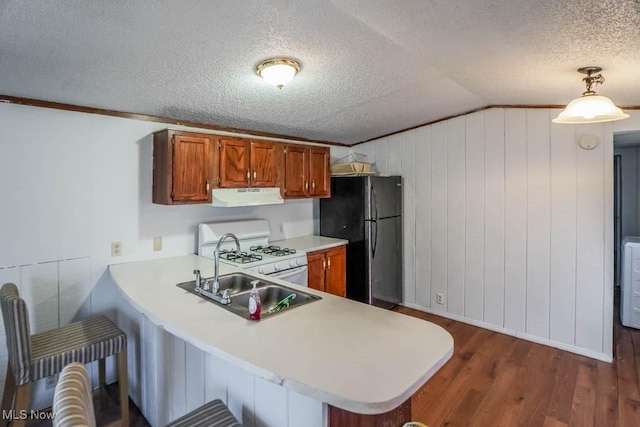 kitchen with freestanding refrigerator, gas range gas stove, light countertops, and under cabinet range hood