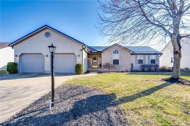 single story home featuring a front lawn, driveway, a standing seam roof, an attached garage, and metal roof