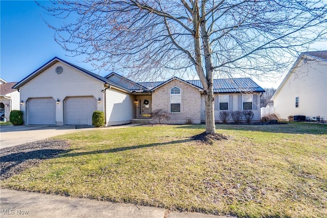 ranch-style home featuring a garage, central AC, concrete driveway, and a front yard