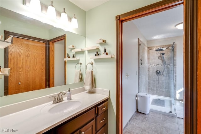 bathroom featuring a stall shower, vanity, and tile patterned flooring