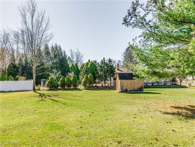 view of yard with an outbuilding, a storage unit, and fence