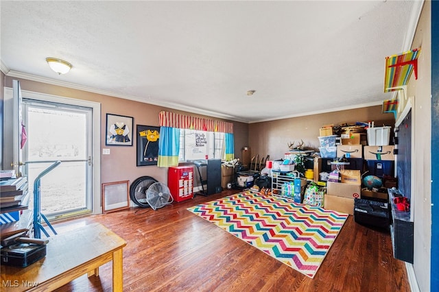 playroom with wood finished floors and ornamental molding