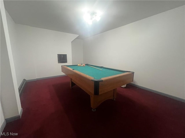 recreation room with baseboards, billiards, and carpet flooring