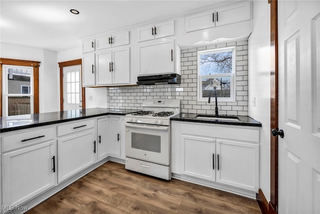 kitchen with white range with gas cooktop, dark wood-style flooring, a sink, under cabinet range hood, and tasteful backsplash