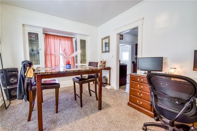 office area with light colored carpet and crown molding