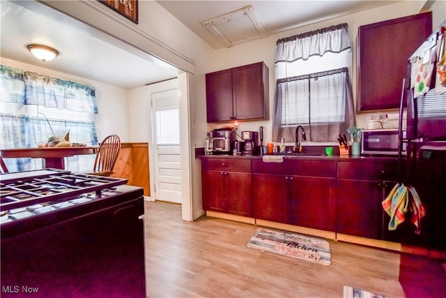 kitchen featuring dark countertops, light wood-style floors, a wealth of natural light, and a sink