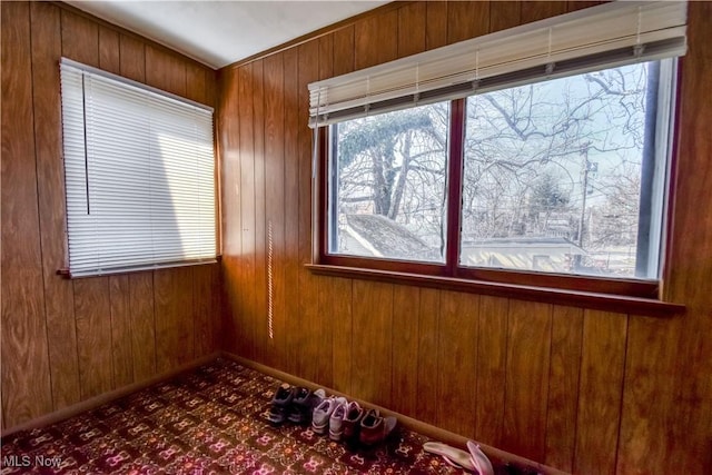 unfurnished room featuring wooden walls and baseboards