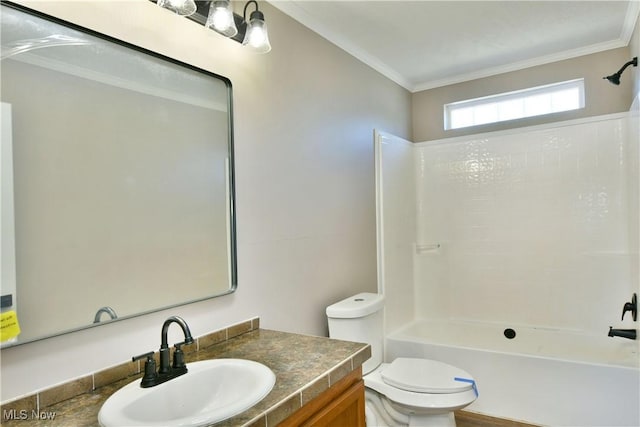 full bathroom featuring vanity, shower / tub combination, toilet, and ornamental molding