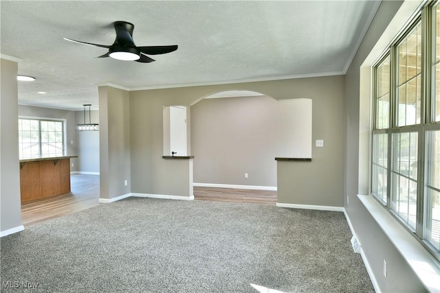 carpeted empty room with baseboards, ornamental molding, arched walkways, a textured ceiling, and a ceiling fan