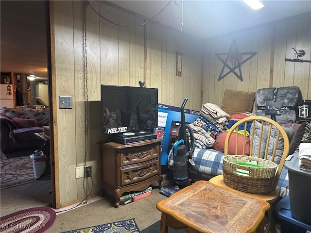 interior space featuring wood walls and carpet floors