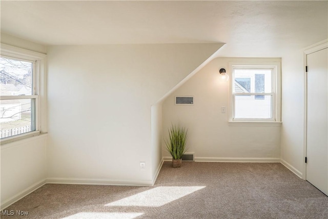 additional living space with visible vents, plenty of natural light, and carpet