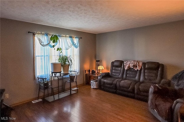 living room with visible vents, a textured ceiling, and wood-type flooring