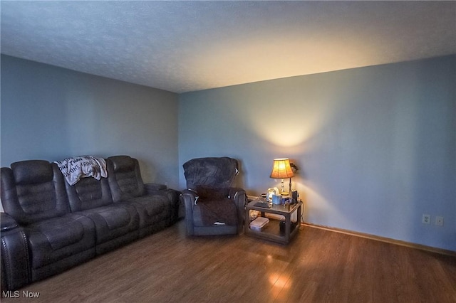 living area with wood finished floors and a textured ceiling