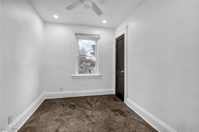 unfurnished room with recessed lighting, baseboards, a ceiling fan, and dark colored carpet