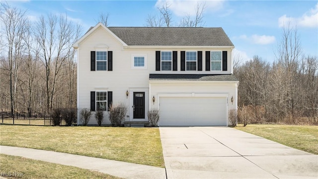 view of front of home with a front lawn, concrete driveway, a garage, and a shingled roof