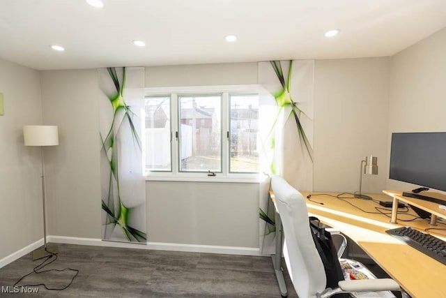 office featuring wood finished floors, recessed lighting, and baseboards