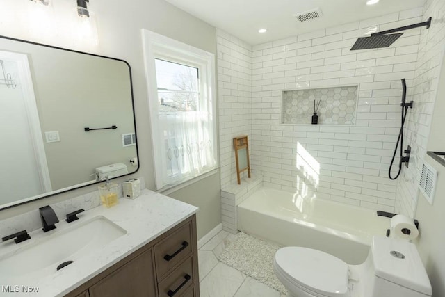 full bathroom featuring vanity, baseboards, visible vents, recessed lighting, and toilet