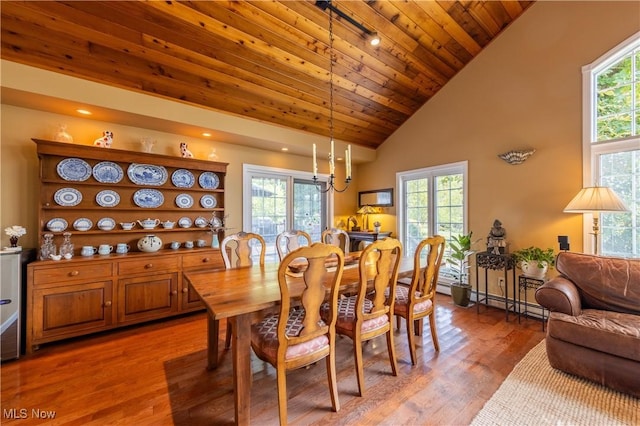 dining area featuring light wood-style flooring, wood ceiling, and a wealth of natural light